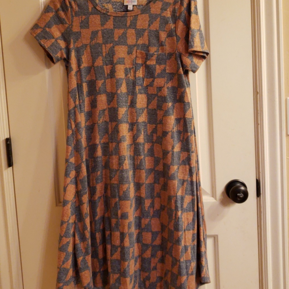Lularoe carly, blue, burnt orange- brown color